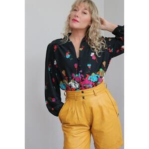 1970's Vintage Marty Gutmacher Polyester Floral Feminine Blouse ~ Women's LG XL